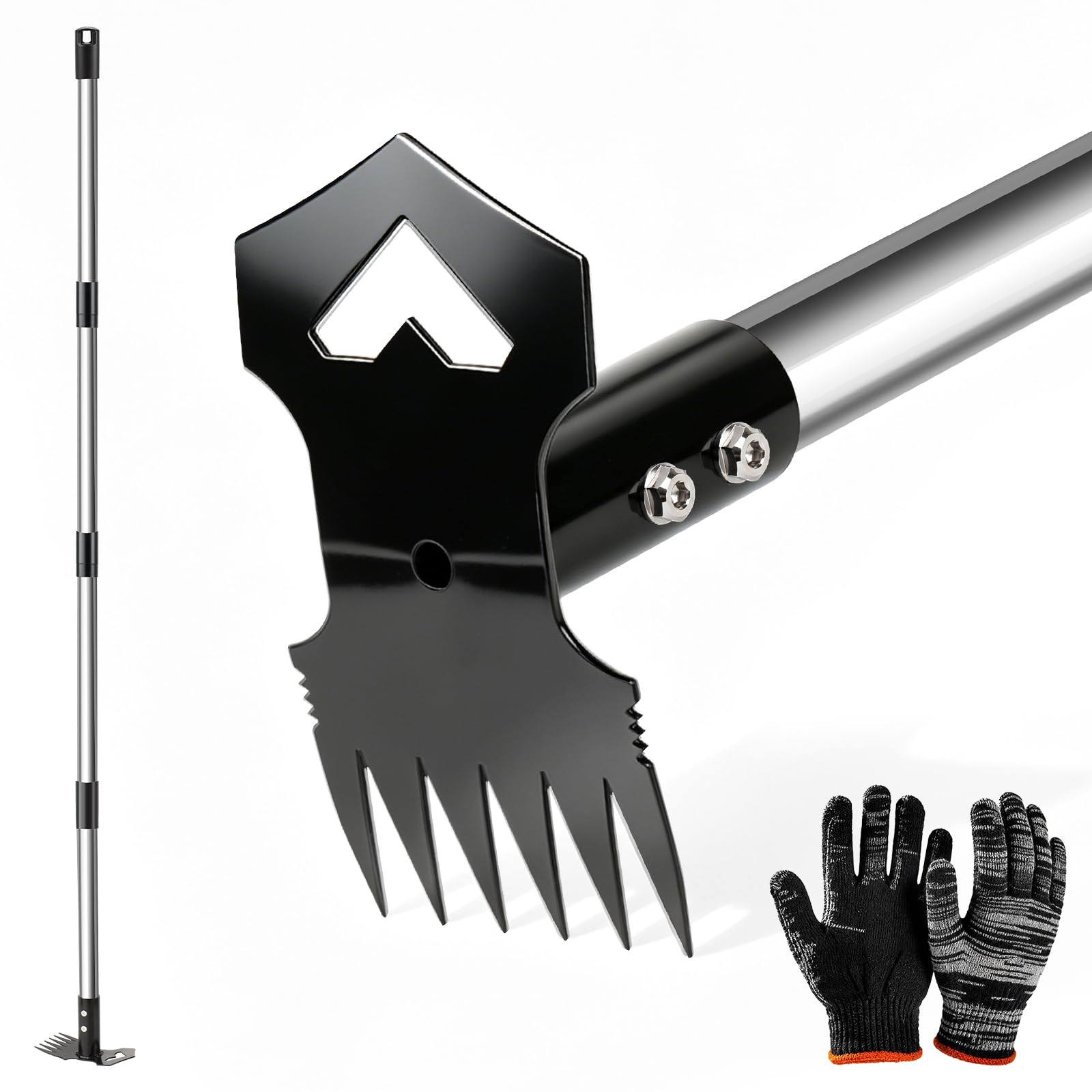 60" Weed Puller Tool with Long Handle, 2-in-1 Weed Rake & Garden Hoe, Stand Up Weeding Tools Gardening, Heavy Duty Steel Weeder Tool, Manual Uprooting Weed Remover Tool for Yard, Lawn, Patio, Garden