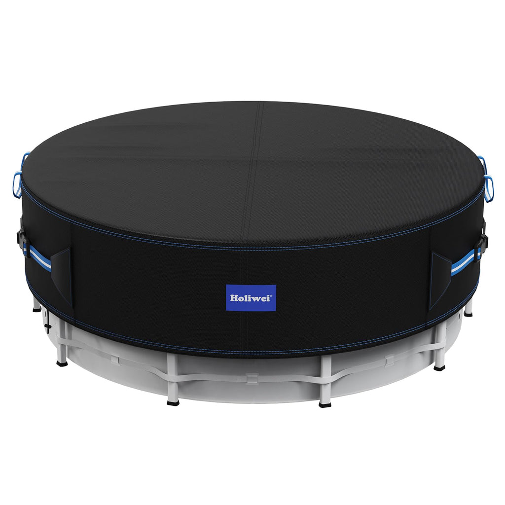 Holiwei 12 Ft Round Pool Cover with Reflective Strips, 420D Swimming Pool Cover for Above Ground Pools, Solar Cover with Drawstring and Ground Nails for Dustproof, UV Protected