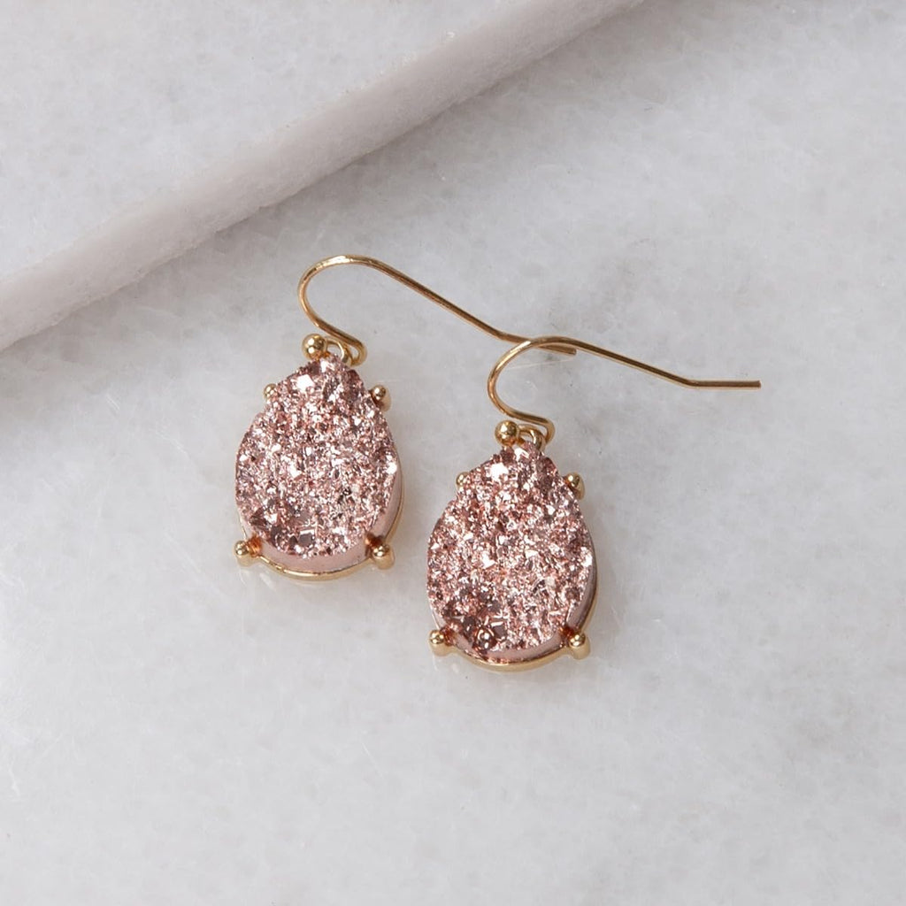 Rose Gold Tone Earrings for Women Dangling, Pink Faux Druzy Teardrop Dangle