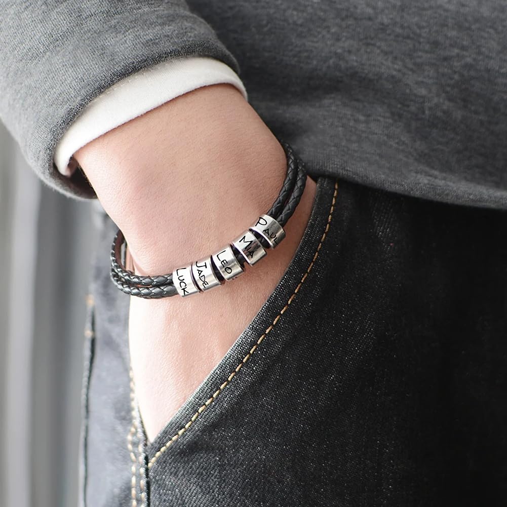 ShineSand Personalized Mens Leather Bracelet with Custom Beads, Customized Braid Leather Bracelet Engraved with Names for Men（Black, 5 Beads