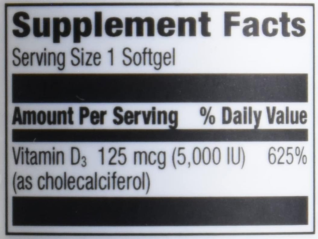 Amazon Elements Vitamin D3, 5000 IU, 180 Softgels, 6 Month Supply (Packaging May Vary), Supports Strong Bones and Immune Health (Pack of 2)
