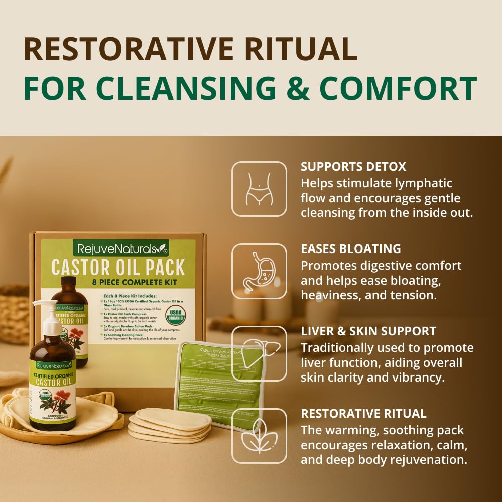 Castor Oil Pack - 8 Piece Complete Kit. Includes 16oz Glass Bottle of Organic Castor Oil, Easy to use Organic Cotton Compress with Adjustable Fit, 5 Soft Cotton Pads & Soothing Heat Pack..