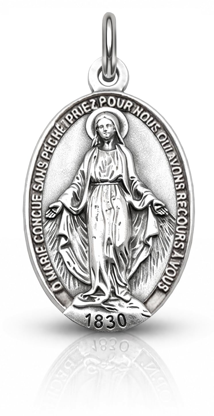 MIRACULOUS MEDAL ORIGINAL DESIGN, CATHOLIC VIRGIN MARY PENDANT, MADE IN ITALY, SILVER PLATED BRASS, RELIGIOUS JEWELRY GIFT FOR WOMEN MEN