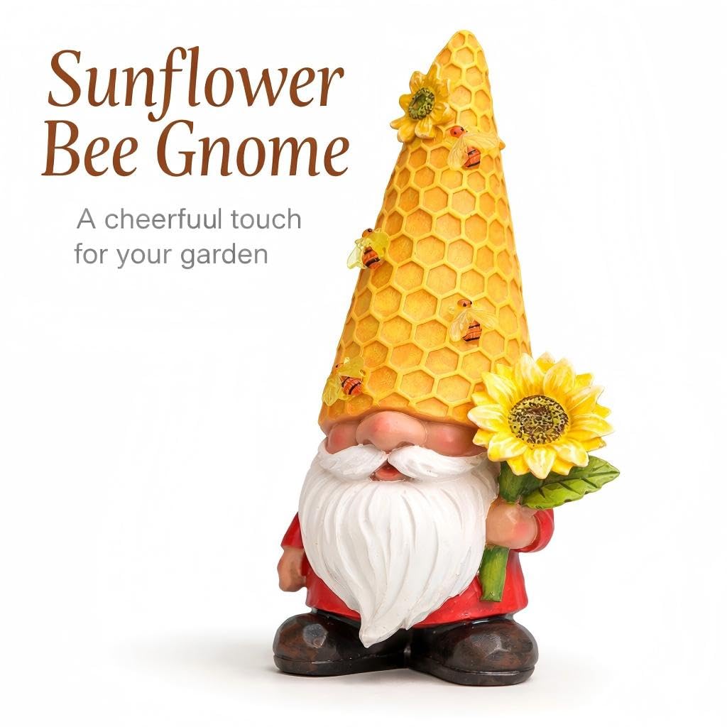 REYISO 12.3'' Sunflower Garden Gnomes Statue with Solar Bee Lights