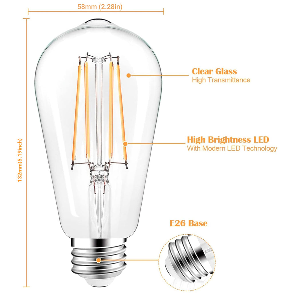 PARTPHONER LED Light Bulbs Dimmable Vintage Edison Bulb, E26 LED Bulb 60W Equivalent 720 Lumens, Warm White 2700K, ST58 Antique LED Filament Bulb CRI 85+, Clear Glass, Pack of 4