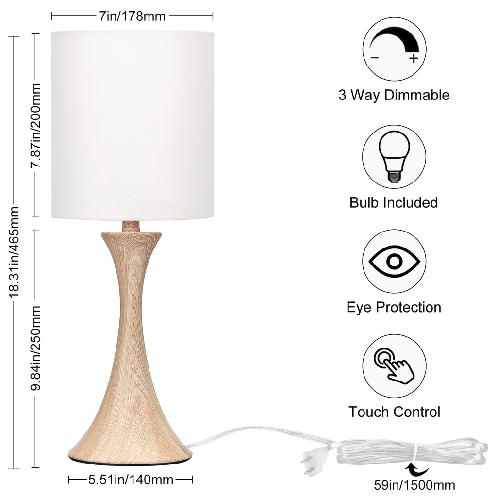 Bedside Touch Lamp, 3 Way Dimmable Touch Control Table Lamp, Wood Grain Farmhouse Table Lamp, Modern Nightstand Lamp with White Shade for Bedroom, Dorm, Office, 3000K LED Bulb Included