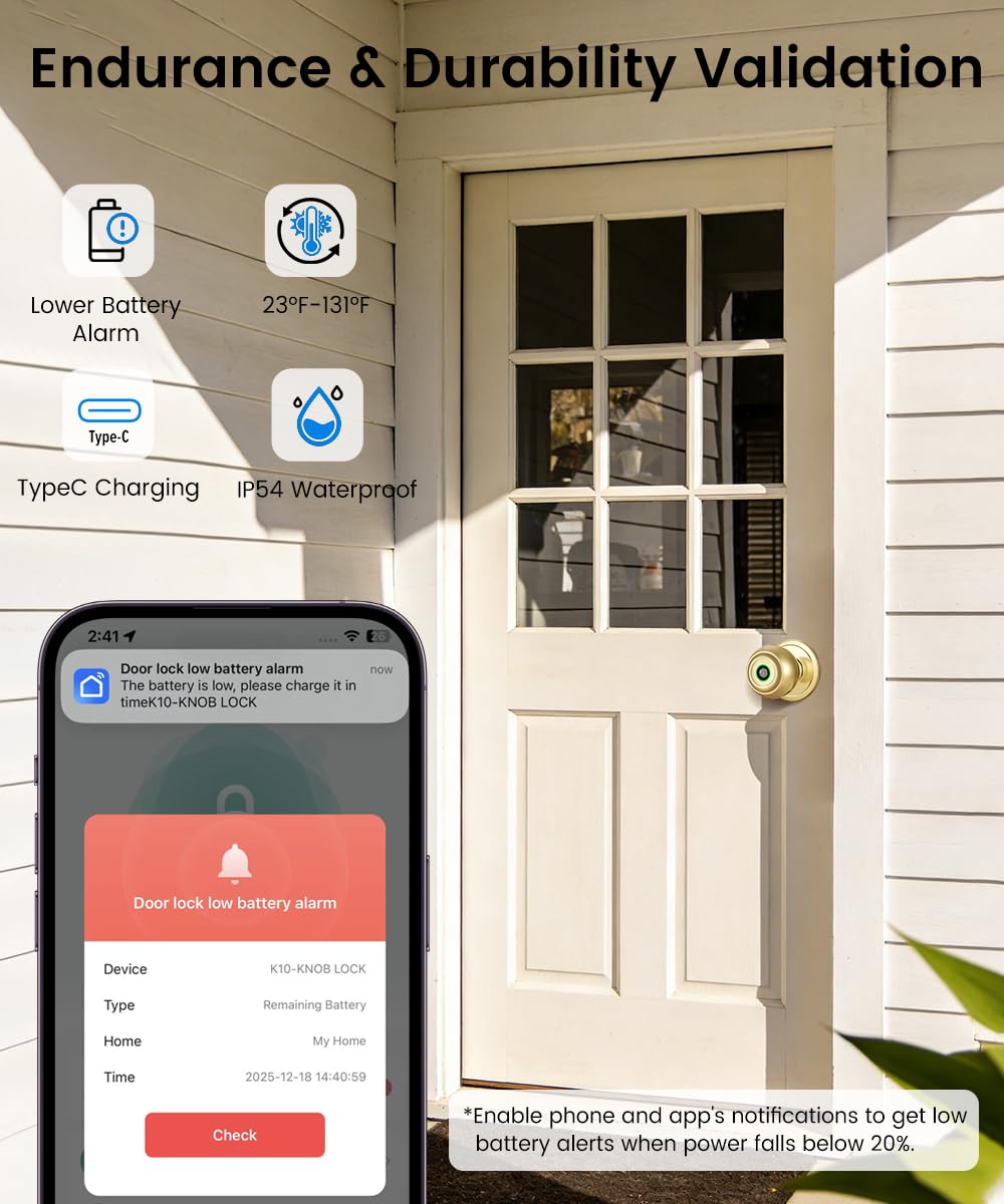 KLLOQUE Fingerprint Door Lock, Smart Fingerprint Door Knob with Lock, Biometric Door Locks with App Control & Key, Keyless Thumbprint Entry Door Locks for Bedroom, Front Door, Home, Apartment-Brass