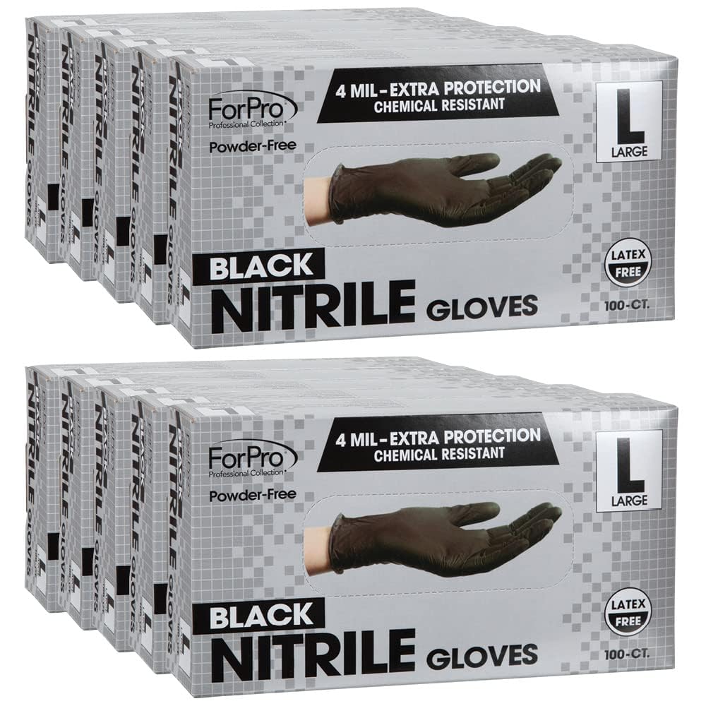 ForPro Professional Collection Disposable Nitrile Gloves, Chemical Resistant, Powder-Free, Latex-Free, Non-Sterile, Food Safe, 4 Mil, Black, Large, 1000-Count