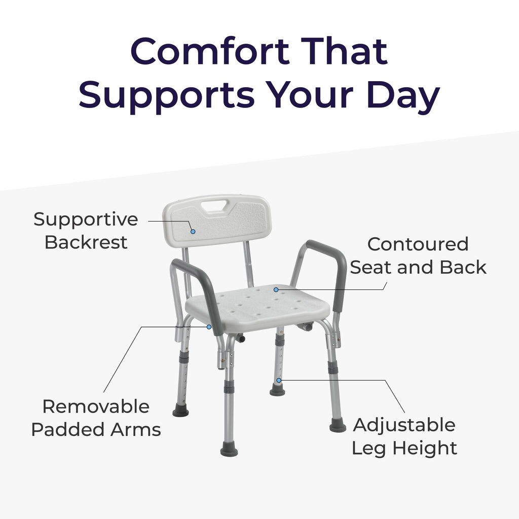 Drive Medical Shower Chair with Back & Padded Arms - Adjustable Height Bath Seat for Safety & Comfort - Lightweight Aluminum Construction- 350 Lb Capacity - White