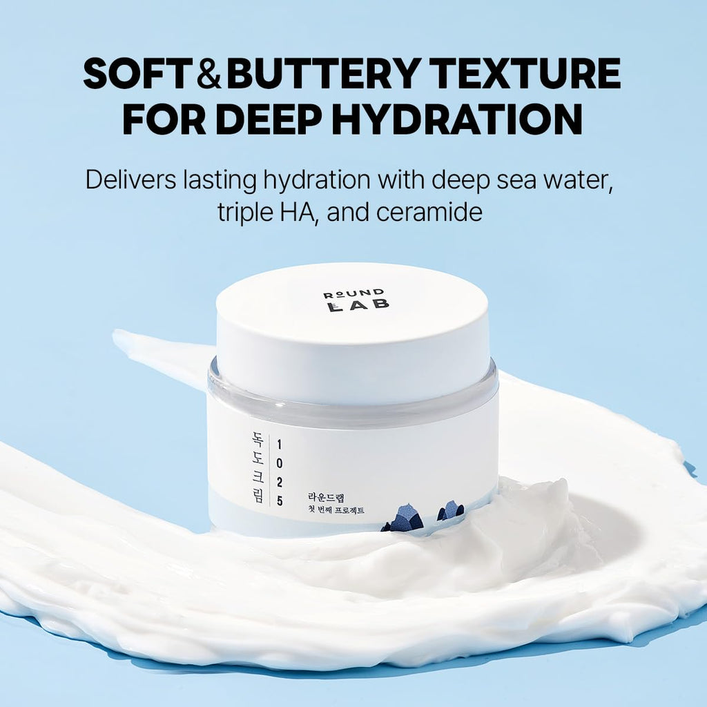 ROUND LAB 1025 Dokdo Cream 2.71 Fl Oz, 48-Hour Deep Hydrating Face Moisturizer for Acne-Prone, Redness and Sensitive Skin with Ceramide, Skin Barrier Repair Face Cream, No Fragrance, Korean Skin Care