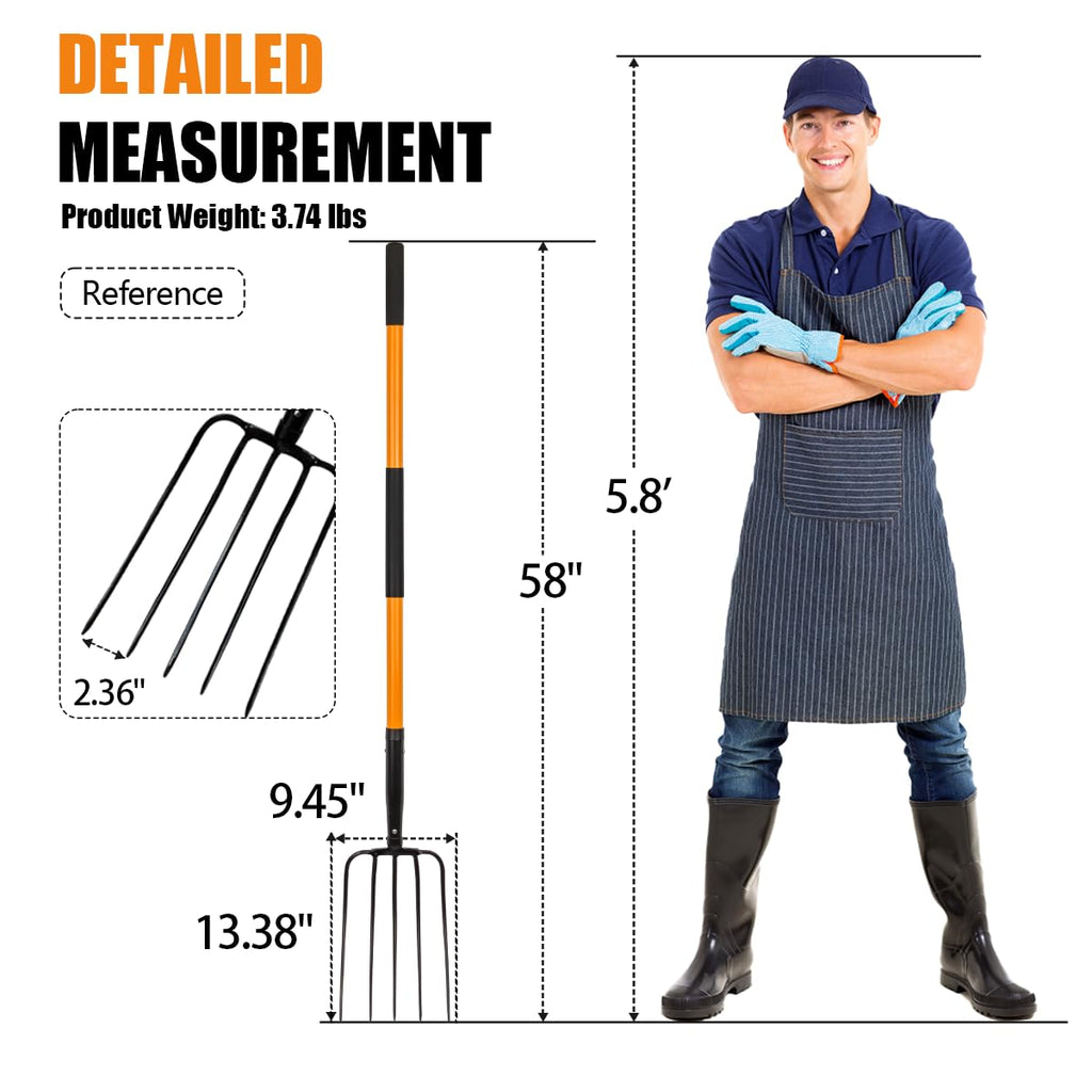 VNIMTI Pitch Fork for Gardening, 5 Tine Pitchfork Heavy Duty with Fiberglass Handle, 58 Inches