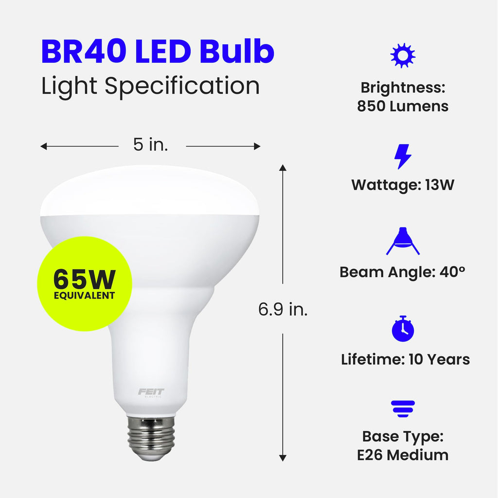 Feit Electric LED BR40 Bulbs, Dimmable, 65W Equivalent, 10 Year Life, 850 Lumens, E26 Base, 2700k Soft White, Flood Lights, Recessed Can Light Bulbs, Damp Rated, UL Listed, 6 Pack, BR40DM/10KLED/2/3