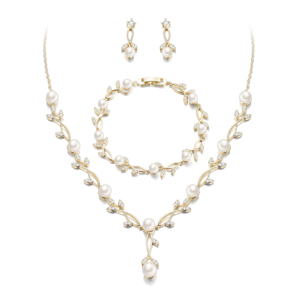 EVER FAITH Cubic Zirconia Pearl Leaf Wedding Jewelry Set for Bride Gold