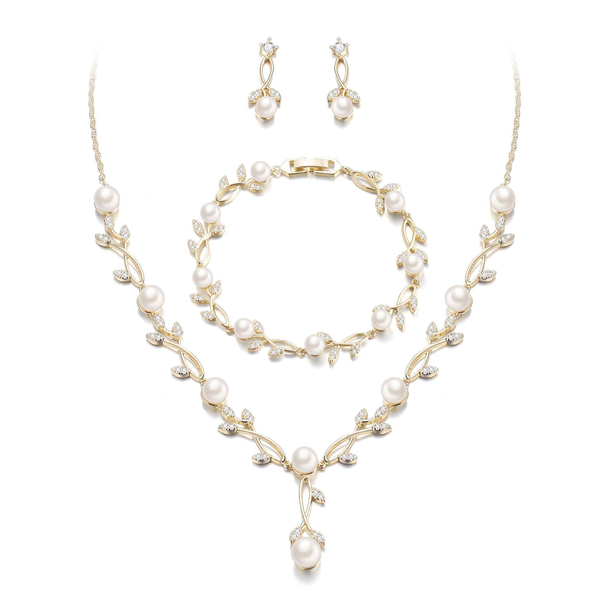 EVER FAITH Cubic Zirconia Pearl Leaf Wedding Jewelry Set for Bride Gold