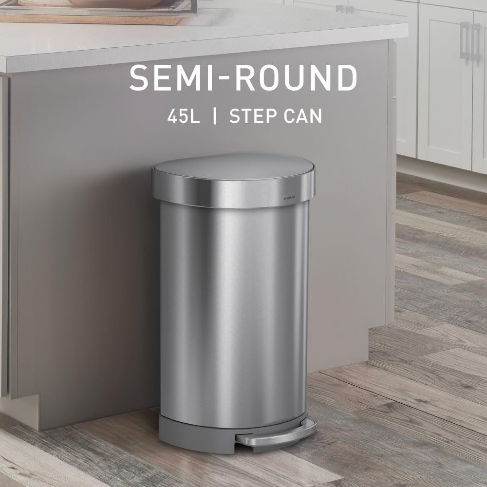 simplehuman 45 Liter/ 12 Gallon Semi-Round Hands-Free Step Trash Can, Brushed