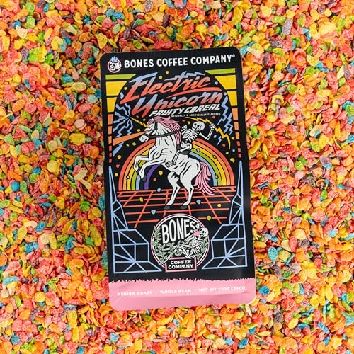 Bones Coffee Company Electric Unicorn Flavored Coffee Beans, Whole Bean Coffee Medium Roast Low Acid, Fruity Cereal With Milk Flavor (12 oz)