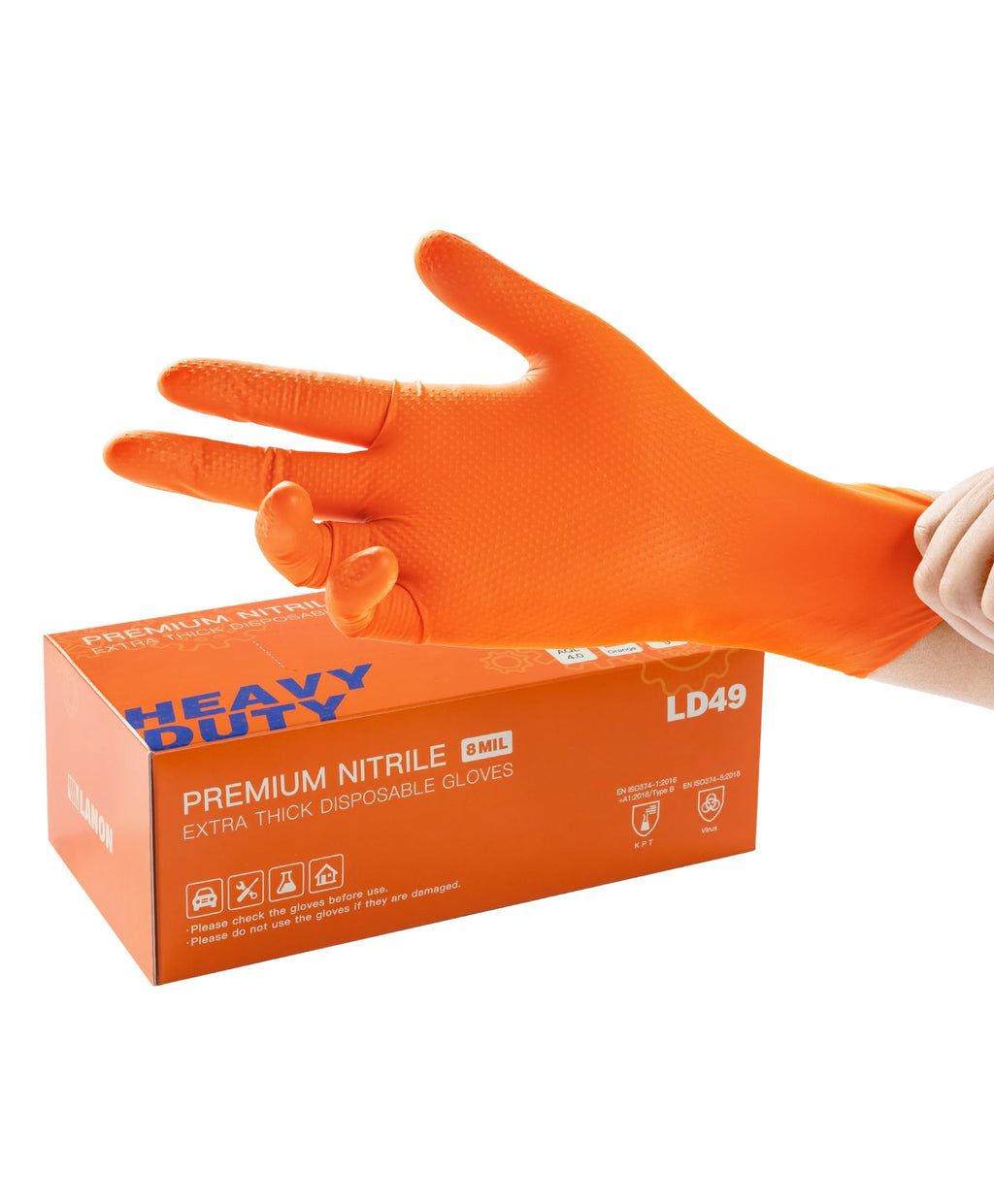 LANON 8mil Orange Disposable Nitrile Gloves, Mechanic, Heavy Duty, Food Safe, Latex Free, Powder Free, Fully-Diamond Textured, Medium