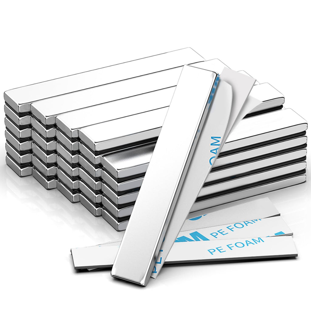 Rare Earth Magnets, Caturledas 30 Pack Heavy Duty Strong Neodymium Magnets with Double Sided Adhesive, Rectangular Bar Magnetic Strip for Window Curtain Indoor Outdoor Light Lamp, 60x10x3 mm, Silver