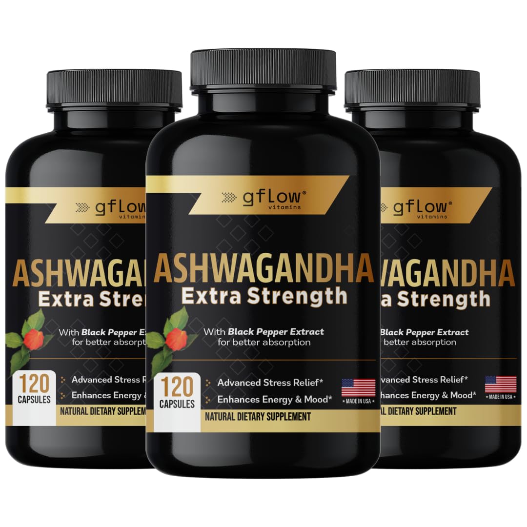 gflow vitamins Ashwagandha Supplements for Women and Men | Sleep, Mood and Energy Support | Extra Strength, Vegan Friendly, Non-GMO, Made in USA - Pack of 3