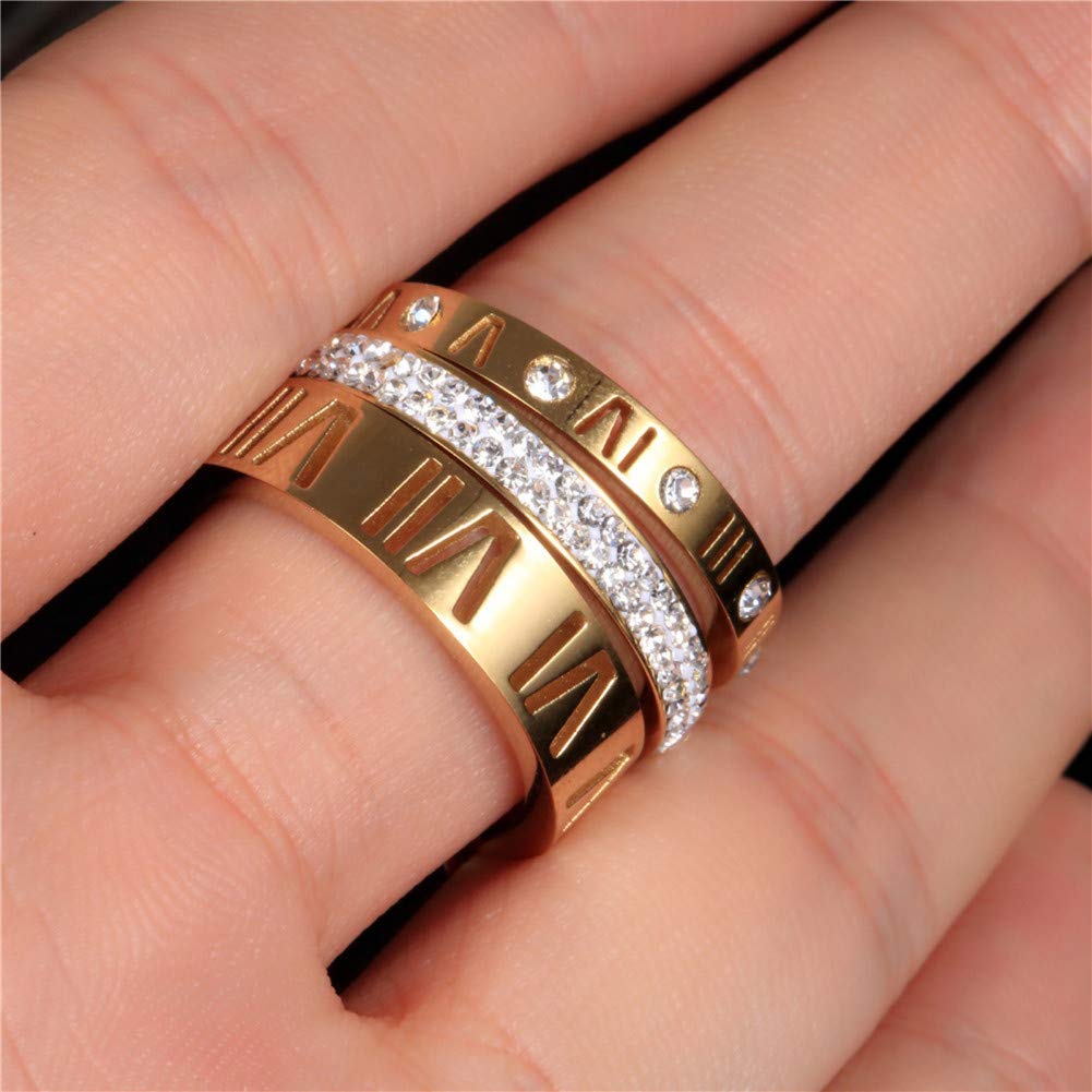 Jarlinwel Stainless Steel CZ Zirconia Roman Numeral Ring For Women Stacking Thumb 3 in 1 Spinner Rings (Gold, 8 Runs small)
