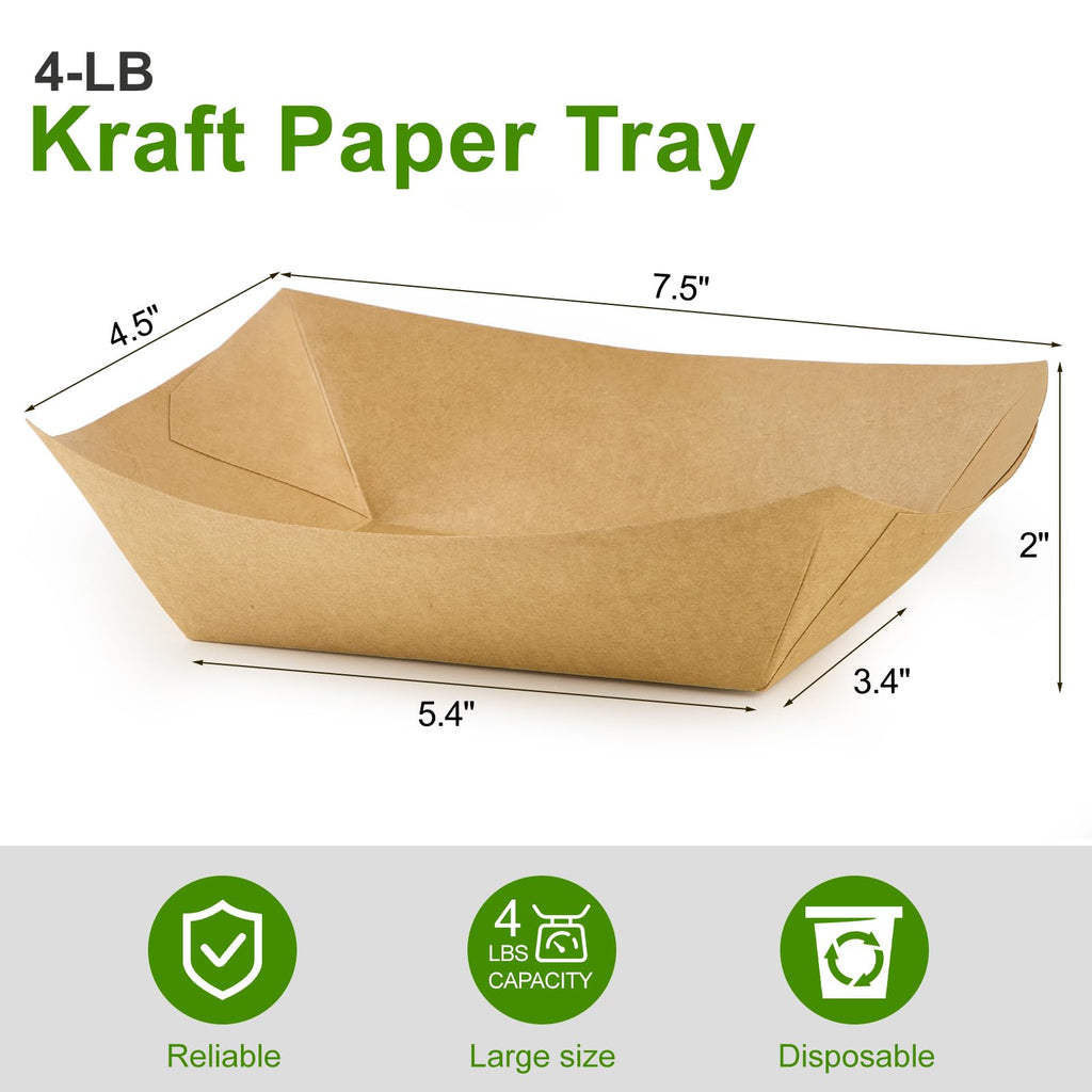 Ocmoiy 4lb Paper Food Trays, 100 Pack Disposable Nacho Trays, Heavy-Duty Kraft Paper Food Boats Holders Serving Basket Trays for Snack, BBQ Picnic Wedding Party