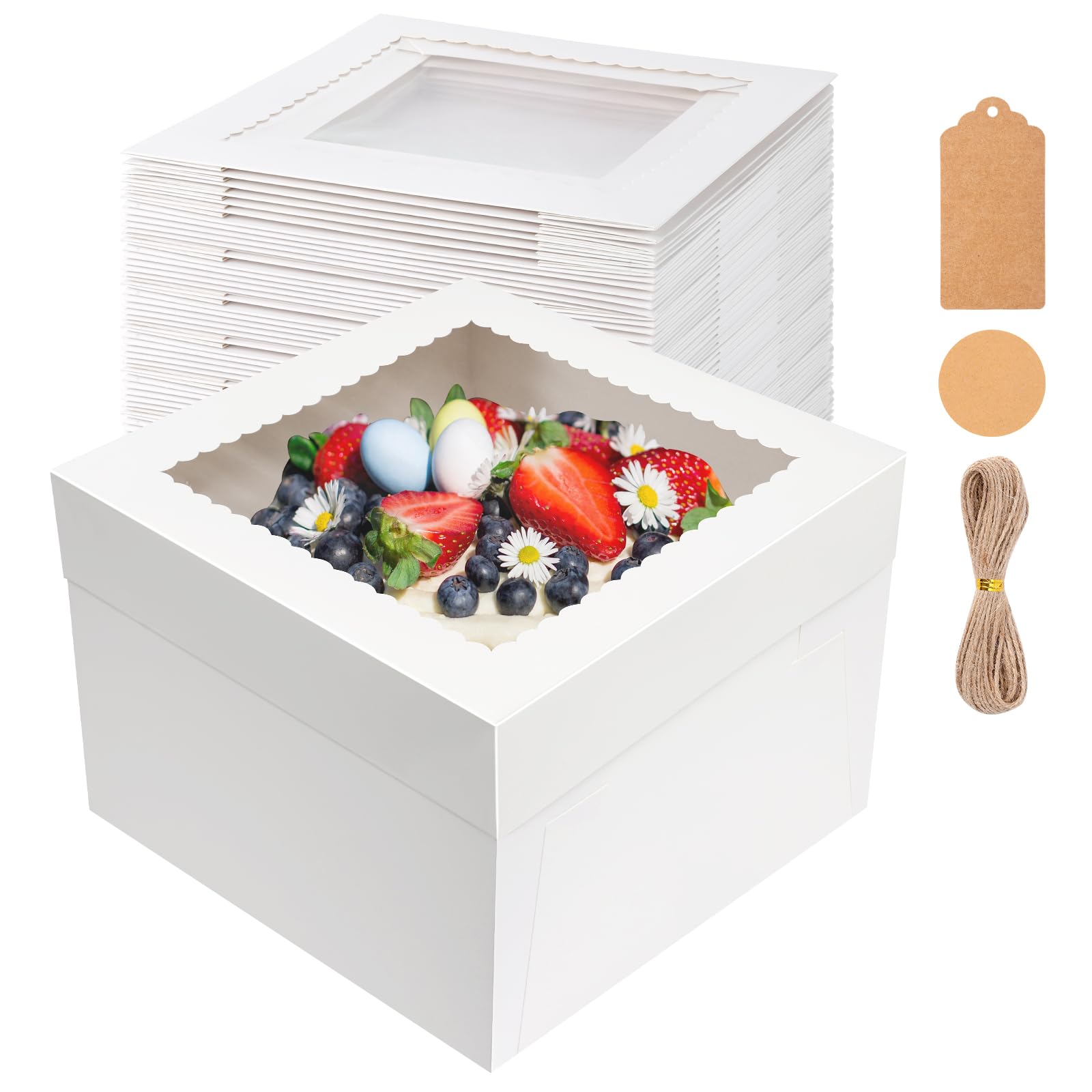 NEOACT 30 Pcs Cake Boxes, 12x12x8 Inch White Bakery Boxes with Window Cake Containers 12 Inch large Cake box for Birthday Party, Wedding,Tall Dessert Cardboard Boxes