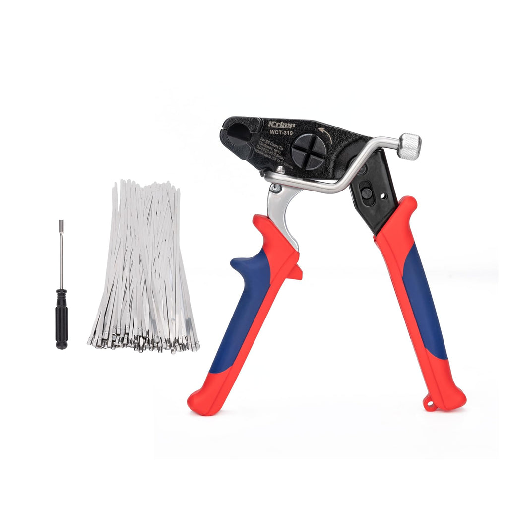 iCrimp One-Handed Stainless Steel Zip Tie Gun with 100pcs 11.8" Metal Cable Ties and Release Tool, WCT-319