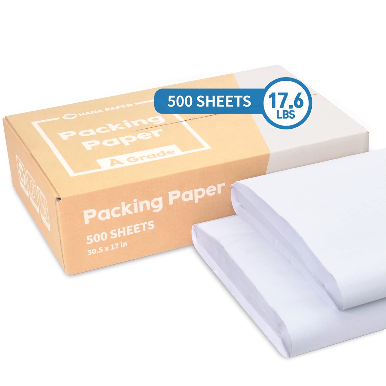 HANA PAPER 30.5" x 17" Large size (500 sheets, 17.6lb) Packing Paper Sheets for Moving, A grade of Newsprint paper for wrapping, storage, shipping. Box packaged. Ideal for wrap dish, glassware.