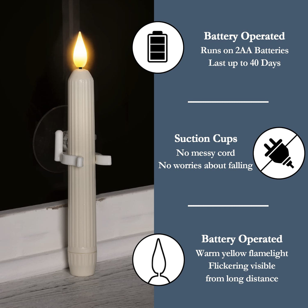 Homemory 6 Pcs Window Candles with Sensor Dusk to Dawn, Ivory Striped Candlesticks with Suction Cups, Roman Column Christmas Window Candle Battery Operated, Flameless Led Taper Candles for Windows