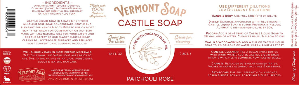 Vermont Castile Soap Patchouli Rose, Gentle Liquid Soap for Sensitive Skin & Natural Body Wash, Organic Hair Shampoo for Oily Hair, Aloe Castile Soap for Men & Women - 64 Oz