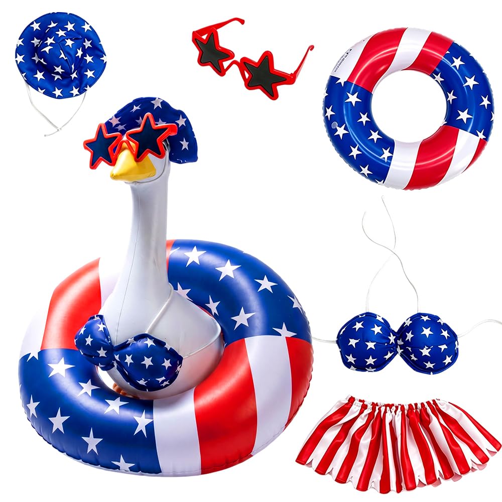 TAQIYEZ Hawaiian Porch Goose Outfit with Sunglasses & Wreath, 4th of July Patriotic Goose Bikini Outfits for Lawn Patio Outdoor Decor