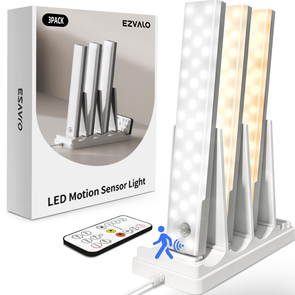 EZVALO 3-Pack Under Cabinet Lighting with Charging Station, 2000mAh Rechargeable Wireless Motion Sensor Lights, 3 Color Temps, Dimmable, Timer, Magnetic, with Remote Control for Kitchen, Closet