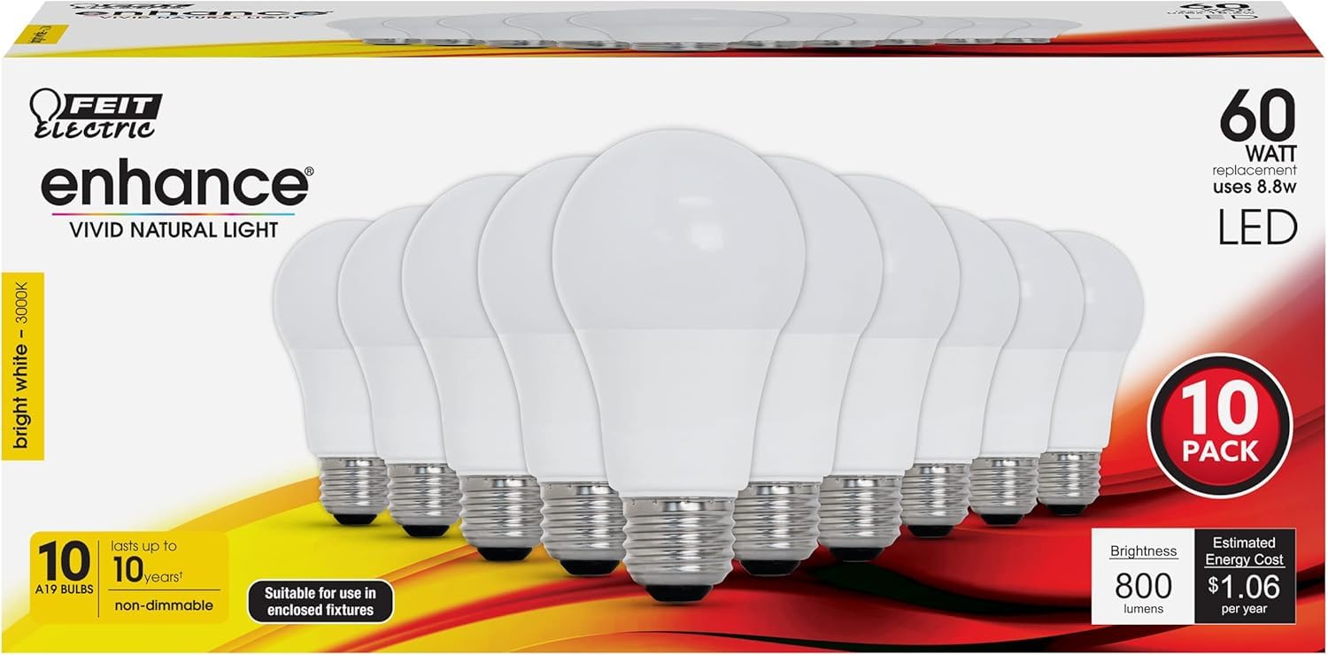 Feit Electric A19 LED Light Bulb, 60W Equivalent, Non Dimmable, 800 Lumens, E26 Medium Base, 3000k Bright White, CRI 90, 10 Year Lifetime, UL Listed, Damp Rated, 10 Pack, OM60/930CA10K/10
