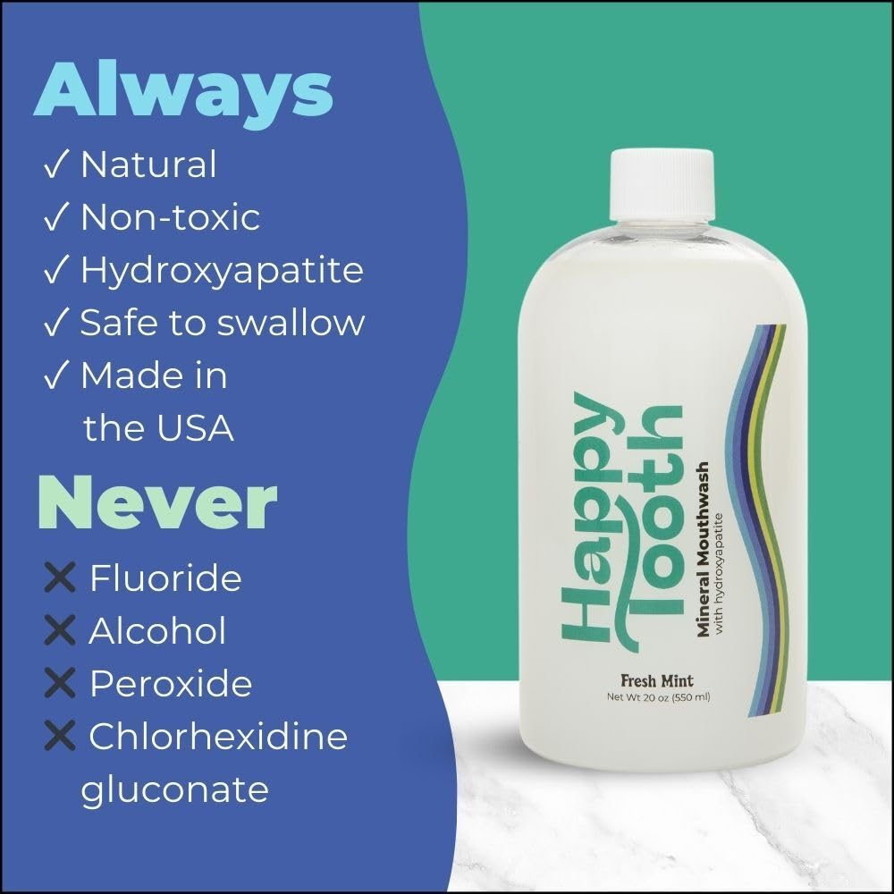 Happy Tooth Hydroxyapatite Mouthwash, Alcohol Free, Fluoride Free, Teeth Whitening, Remineralizing for Enamel Strength, Oral Microbiome Support, Dentist Formulated, Gentle Care, Fresh Mint, 20 Fl Oz
