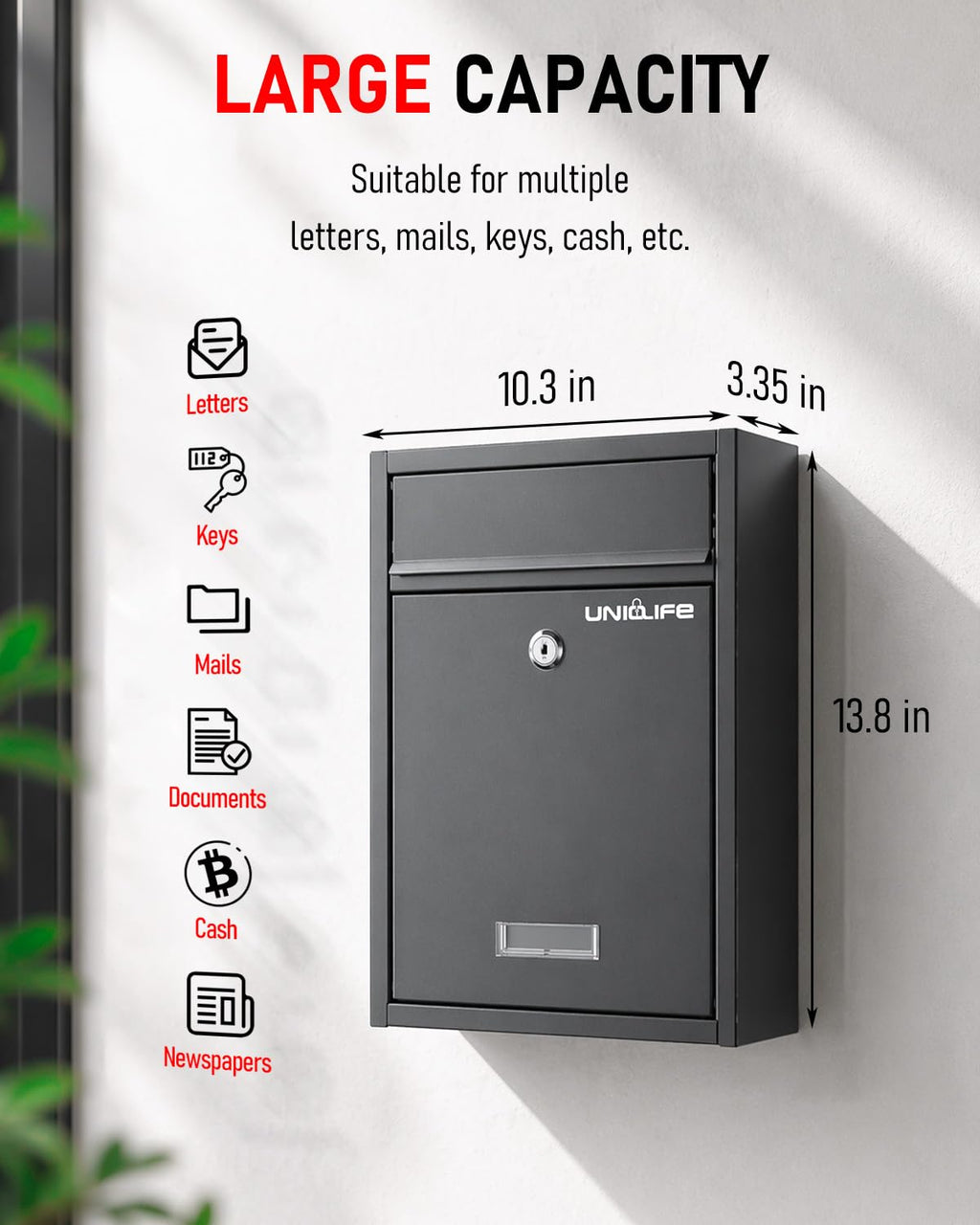 Uniclife Wall Mount Mailbox for Outside, Locking Mail Box, Large Mailbox with Key Lock, Security Mail Box for House, Safe Key Drop Box, Post Box, Steel Cash Drop Box for Home Office School, Black