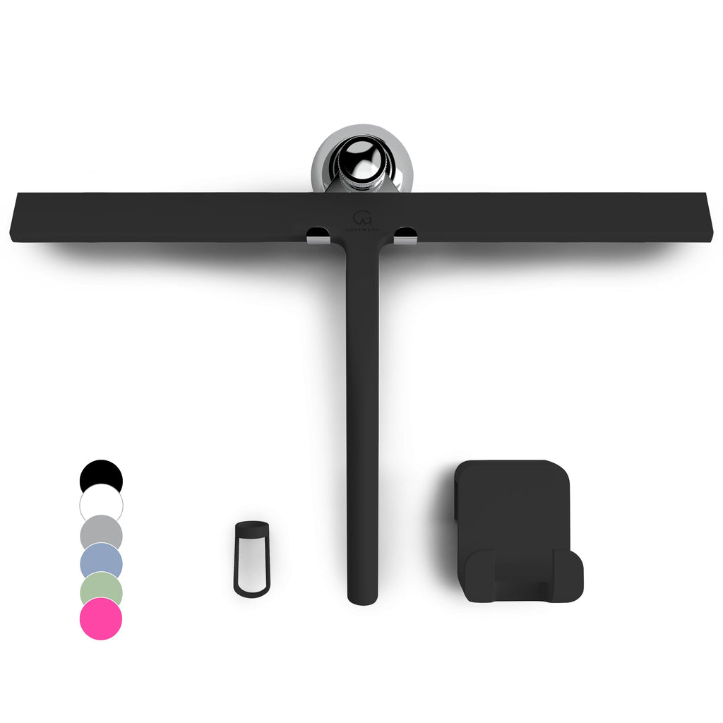 GÜTEWERK Silicone Shower Squeegee for Glass Doors & Mirrors with Stainless Steel Core, Streak-Free & No-Squeak Window Cleaning, 3-in-1 No-Drill Mount (Hook/Suction/Adhesive),Black, 15 Inches