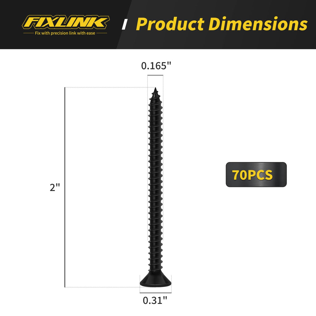 Wood Screws 2 Inch, 70 PCS FIXLINK Premium Flat Head Phillips Black Wood Screws, Self Tapping Electrophoresis Used in Indoor Furniture, Woodworking (#8 x 2)