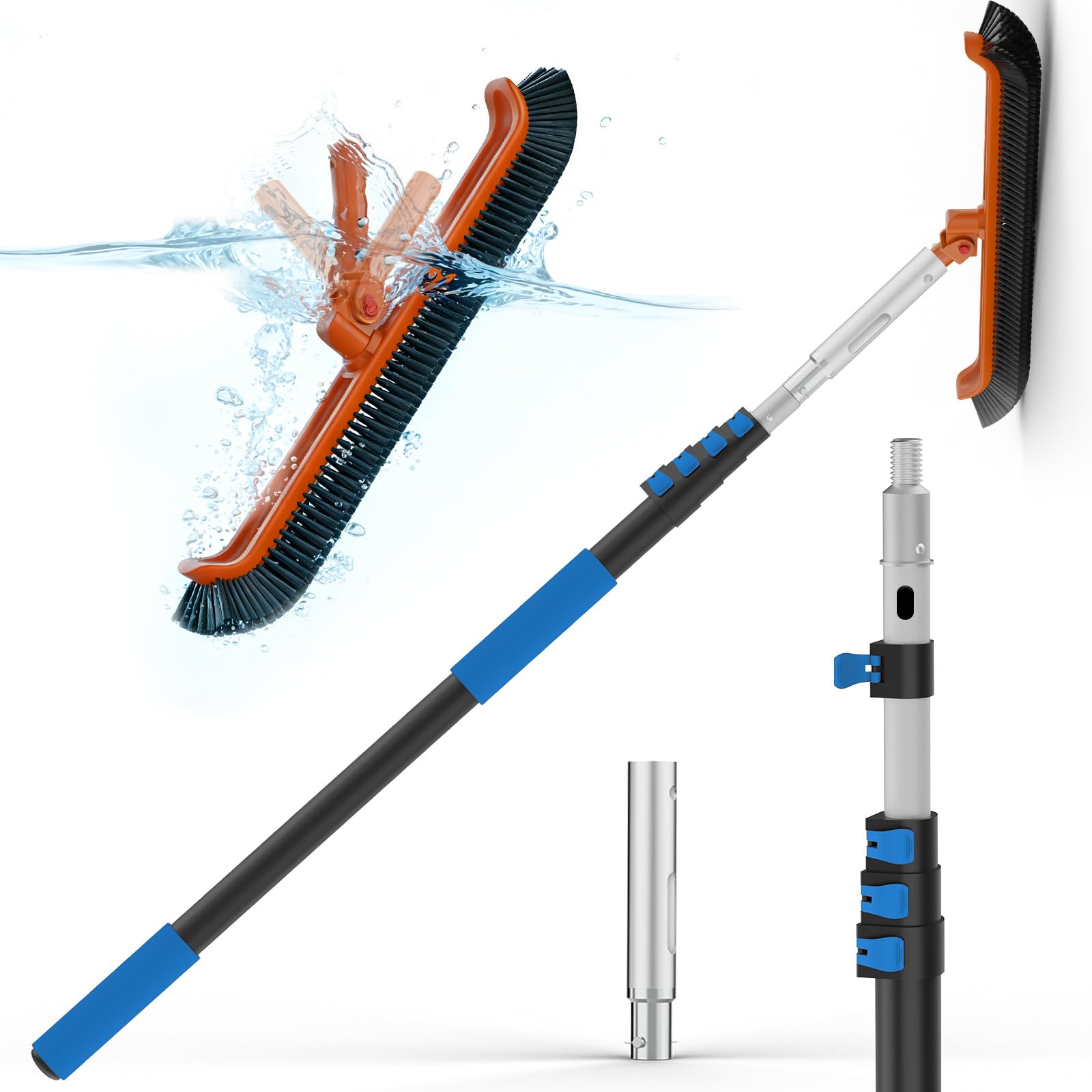 SKGPOLE 16FT Swimming Pool Pole with Brush, Upgraded Pool Pole Telescopic 16ft Heavy Duty with 19" Pool Brush Head, Adjustable Length 4 to 16 Feet, Universal Pole for Skimmer Net, Brush, Vacuum Head