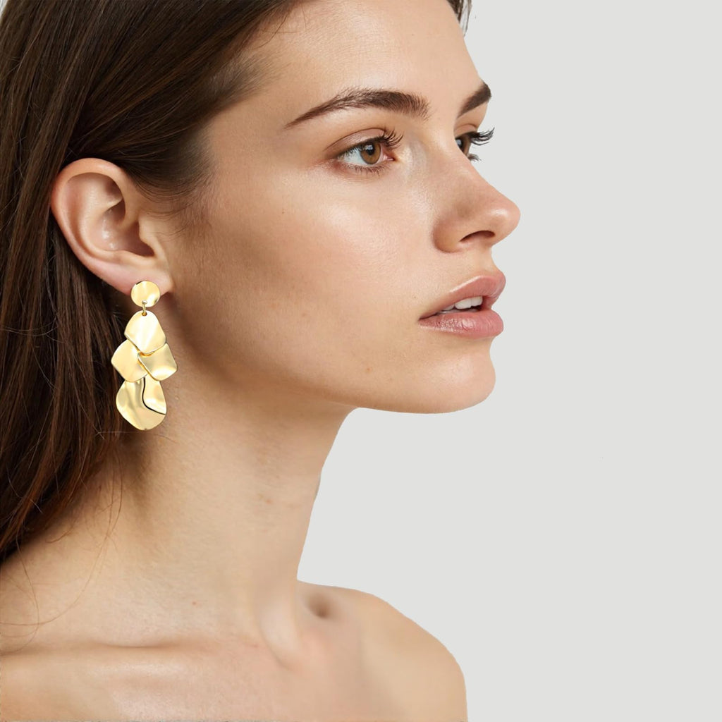 Sylph 18K Gold Plated Dangle Earrings for Women, Bohemian Chandelier Earring Stud, Lightweight Teardrop Hammered Drop Earrings Boho Jewelry for Party