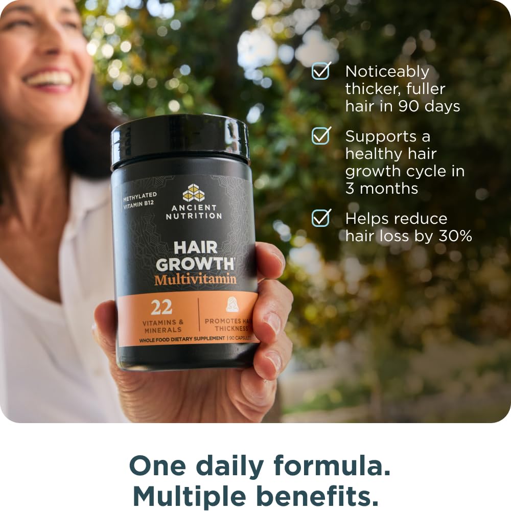 Ancient Nutrition Hair Growth Multivitamin – Supports Thicker Hair, Less Shedding, Smoother Skin & Stronger Nails – with Solubilized Keratin, Powered by Peptides, 22 Vitamins & Minerals – 30 Servings