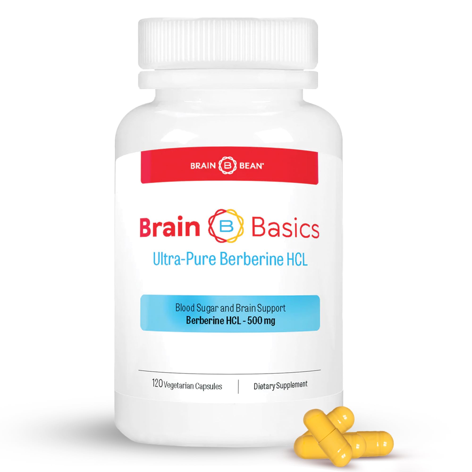 Brain Bean Ultra - Pure Berberine HCL Supplement 500mg for Brain Health - Non-GMO, Gluten-Free 120 Vegan Capsules of Berberine Supplement (Made in USA)