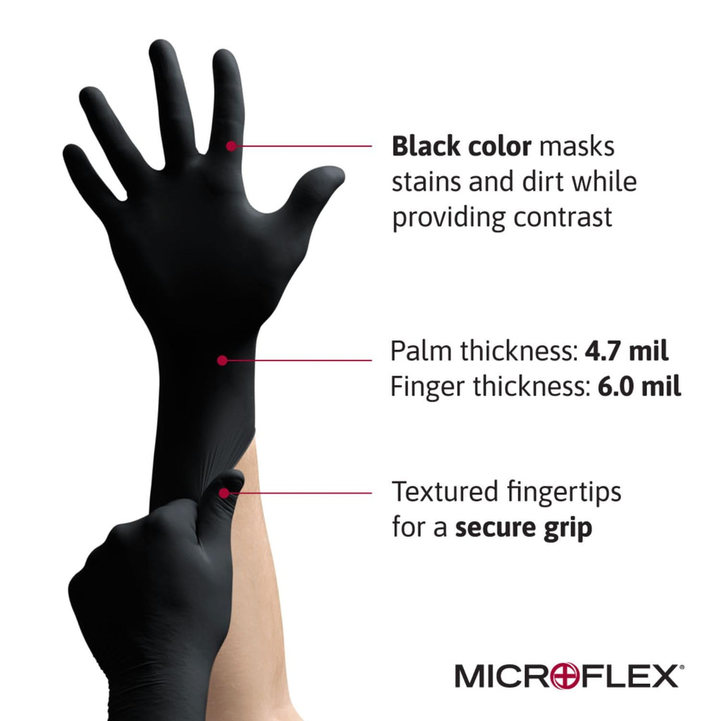 Ansell MICROFLEX MidKnight MK-296 Disposable Nitrile Gloves for Automotive, Law Enforcement w/ Full Texture - Large, Black (Box of 100)
