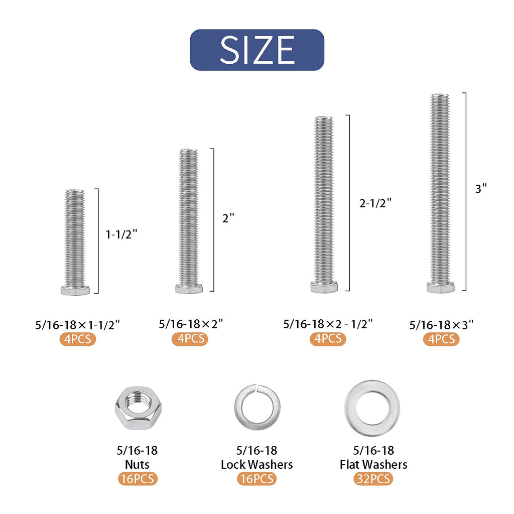 80PCS Bolts and Nuts 5/16-18 x1-1/2”, 2”, 2-1/2”, 3” Carbon Steel Hex Bolts and Nuts Set Hardware Screws Assortment Kit (4 Different Sizes)