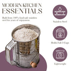 Bellemain 3 Cup Flour Sifter for Baking Fine Mesh Rotary Hand Crank with Loop Agitator for Quick Sifting, Flour Sifter Stainlees Steel