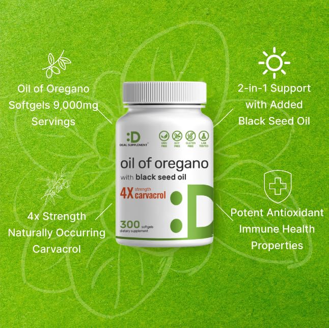DEAL SUPPLEMENT Oil of Oregano Softgels with Black Seed Oil 300 Count – 30:1 Extract, Active Carvacrol & Thymoquinone – Antioxidant Immune Health Support – Plant Based, Non-GMO