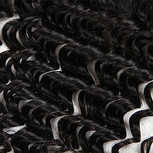 Brazilian Hair Deep Wave 3 Bundles with Frontal 13x4 Free Part Lace Frontal 100% Virgin Human Hair Bundles Brazilian Hair Extensions Natural Black Color (16 18 20+14)