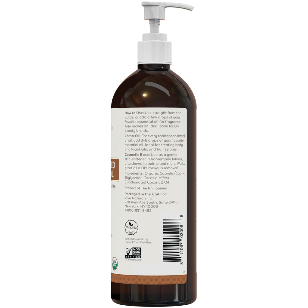 Viva Naturals Organic Fractionated Coconut Oil, 16 fl oz – Skin & Hair Moisturizer, Massage Oil, Carrier Oil for Essential Oils