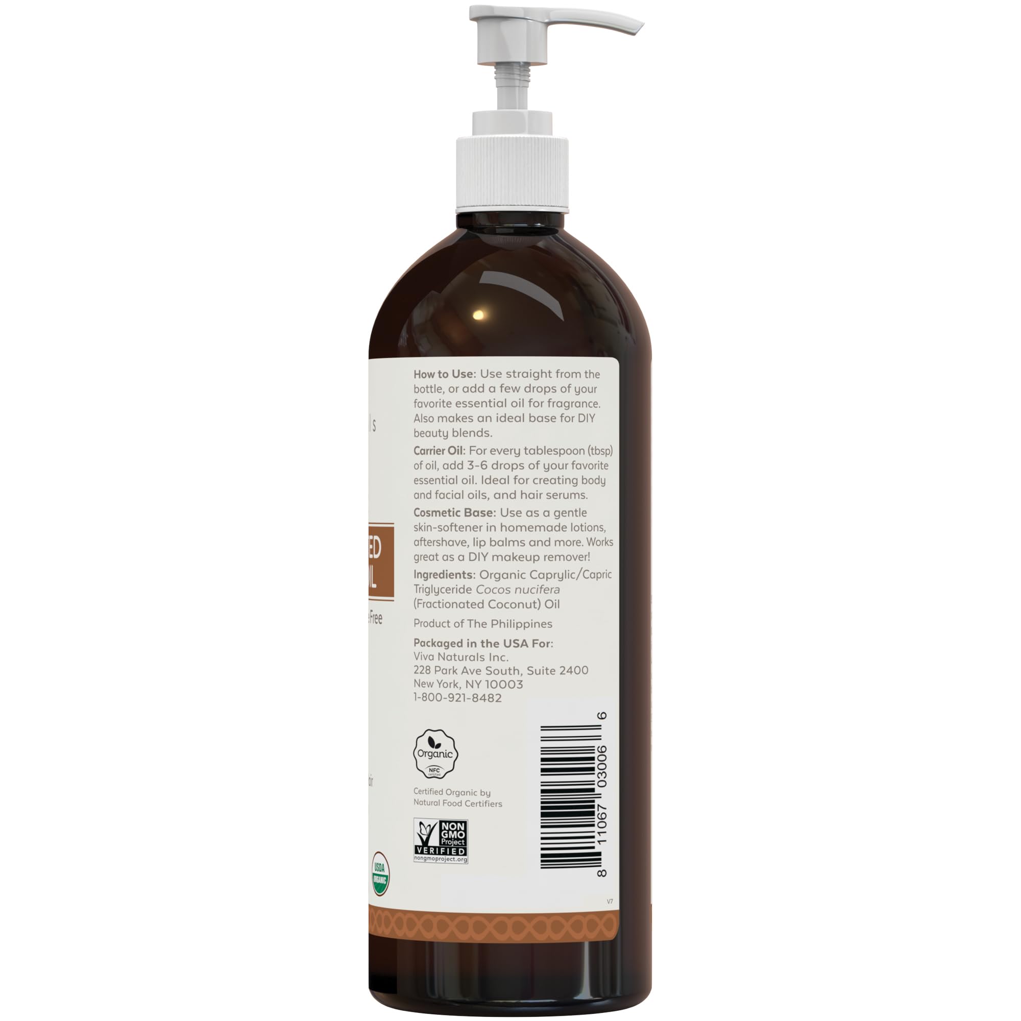 Viva Naturals Organic Fractionated Coconut Oil, 16 fl oz – Skin & Hair Moisturizer, Massage Oil, Carrier Oil for Essential Oils