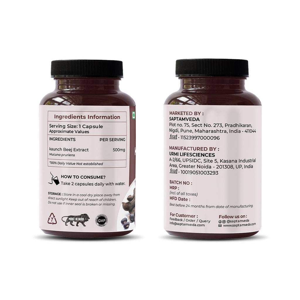 SAPTAMVEDA Natural Kaunch Beej Extract-500mg 60 Veg Capsules (Pack of 1)
