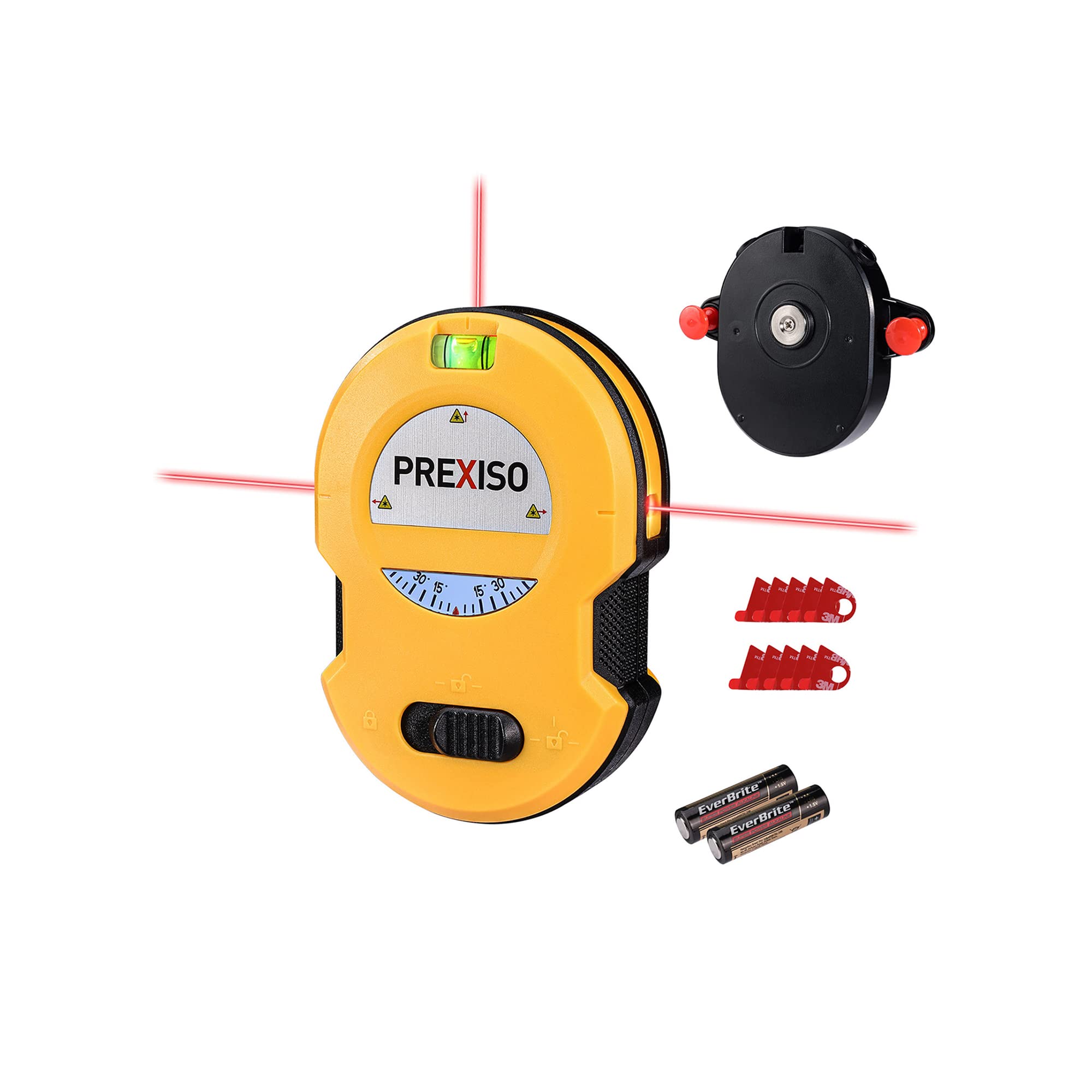 PREXISO Multi Surface Laser Level LED Light Vial, 30Ft Horizontal & Vertical Line Laser with Wall Mount Base, 2 Pins, 10 Sticker, 2 AA Batteries for Hanging Frames & Picture, Construction Gift for Dad
